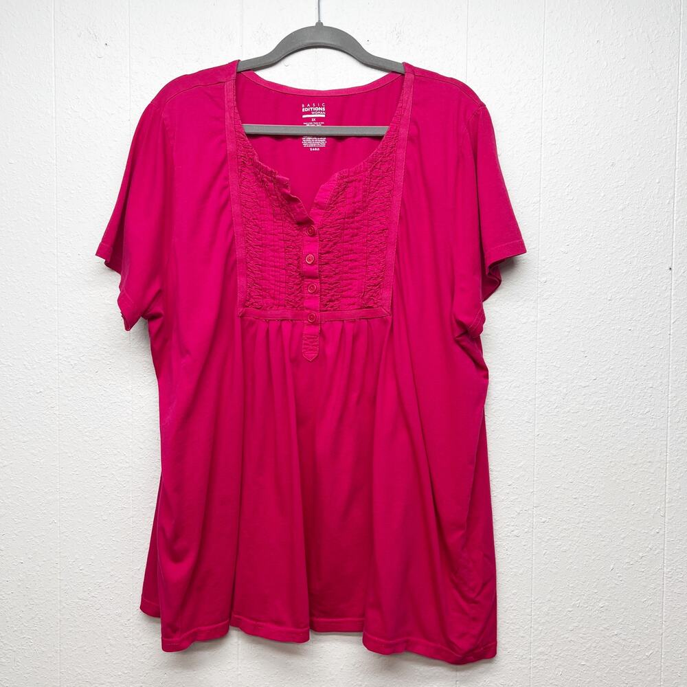 Basic Editions 1/4 Button Short Sleeve Pin Tuck Pink Top Womens 3X Work Casual